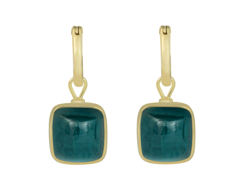 Rectangle drops with blue-green cabochon gems in green gold frame. Drops hang on small U shaped hoops in solid green gold.