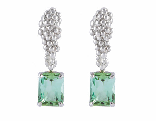 Platinum studs in shape of a bunch of grapes, with green rectangular gems hanging from bottom.
