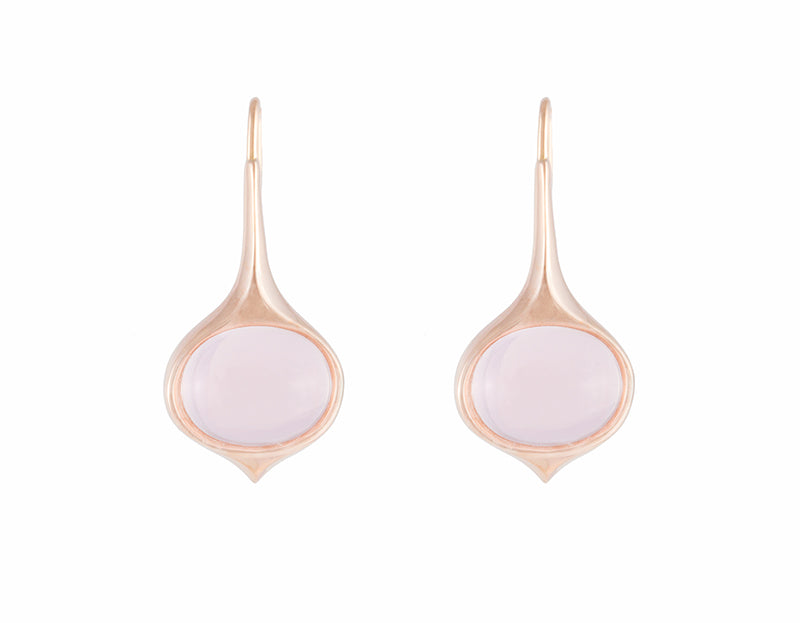 Rose gold drop earrings with oval shaped pink smooth gems.