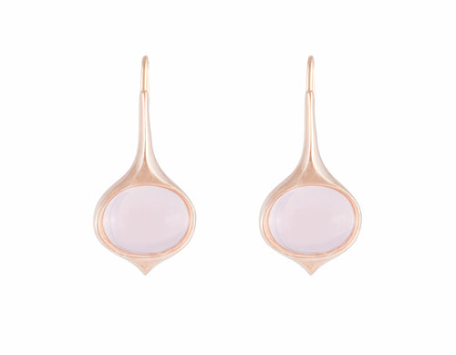 Rose gold drop earrings with oval shaped pink smooth gems.