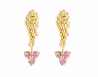 Studs in yellow gold in the shape of bunches of grapes. Three soft pink gems hanging from each.