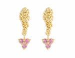 Studs in yellow gold in the shape of bunches of grapes. Three soft pink gems hanging from each.