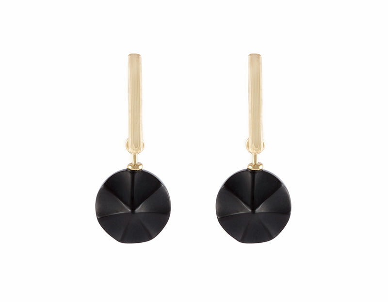 Carved black onyx drops on 18k yellow gold studs.