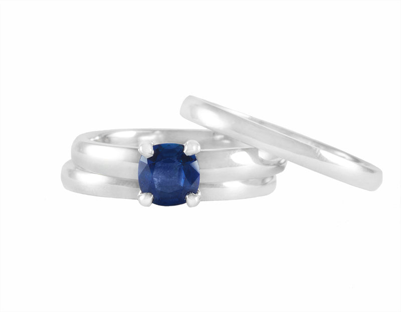 Blue sapphire platinum ring trio.