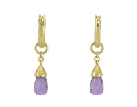Pendulous drops with bright purple pear-shape gems in yellow gold frame. Drops hang on small U shaped hoops in solid yellow gold.