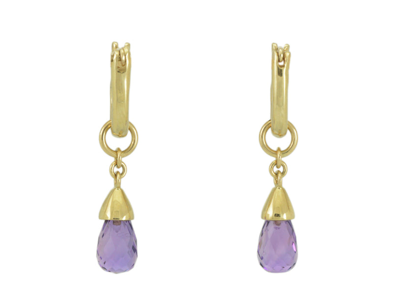 Pendulous drops with bright purple pear-shape gems in yellow gold frame. Drops hang on small U shaped hoops in solid yellow gold.