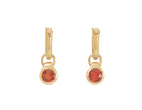 Round drops with bright orange gems in rose gold frame. Drops hang on small U shaped hoops in solid rose gold.