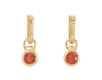 Round drops with bright orange gems in rose gold frame. Drops hang on small U shaped hoops in solid rose gold.