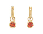 Round drops with bright orange gems in rose gold frame. Drops hang on small U shaped hoops in solid rose gold.