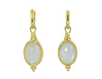 Large oval drops with white moonstone  cabochon gems in green gold frame. Drops hang on small U shaped hoops in solid green gold.