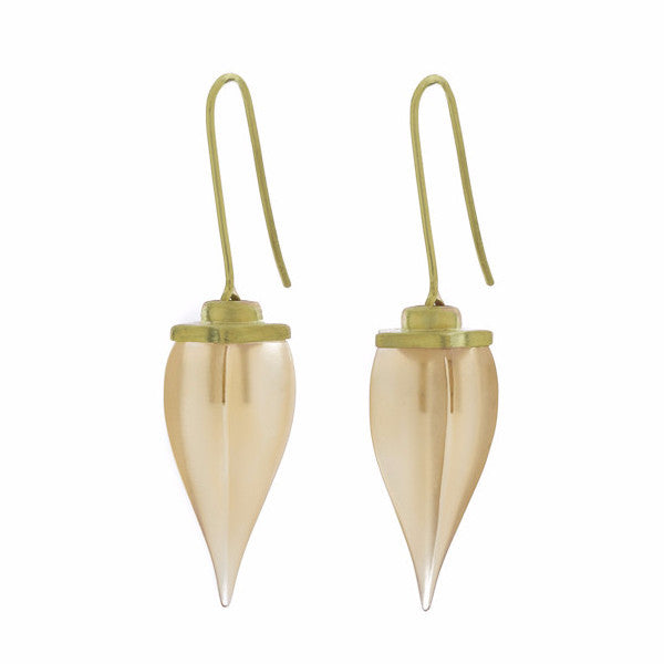 Long pear shaped yellow citrine gems, fluted sides, green gold cap and shepherd's hooks.