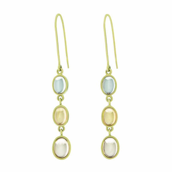 Lon earrings with three shades of green oval cabochon gems  in green gold, shepherd's hooks.