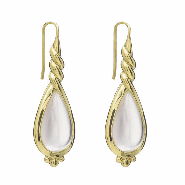 Long pear shaped clear moonstone earrings in green gold frame and twisted gold neck.