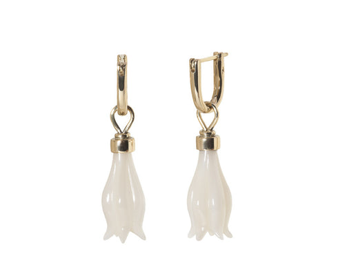 Pendulous drops carved like long tulip in white moonstone with yellow gold caps. Drops hang on small U shaped hoops in solid yellow gold.