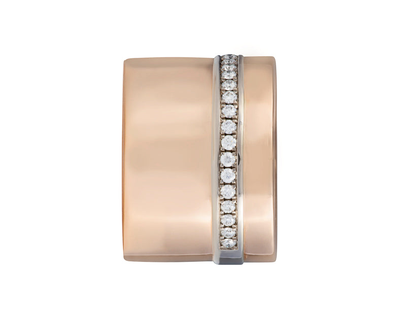 Very wide rose gold band with a long row of diamonds close to one edge of the band.