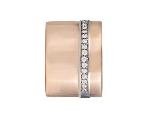 Very wide rose gold band with a long row of diamonds close to one edge of the band.