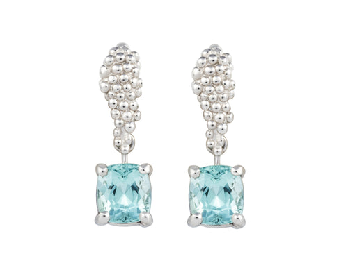 Pair of platinum studs in the shape of a bunch of grapes carved in detail in relief. Hanging from the bottom are a pair of fat oval mint green tourmalines.