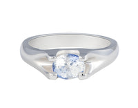 Platinum ring set with bi-colour sapphire, pastel blue and yellow.  Gem is set in substantial prongs.