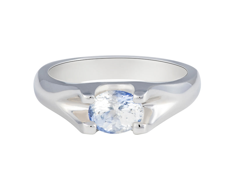 Platinum ring set with bi-colour sapphire, pastel blue and yellow.  Gem is set in substantial prongs.