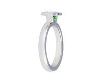 Platinum ring set with a bright apple green tsavorite garnet.  Gem is set in a frame, bezel, rising above the band.
