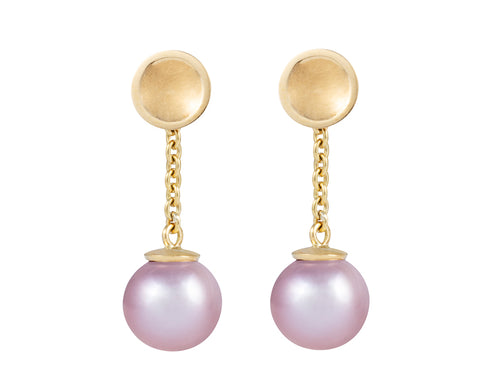 Medium size pink pearls with yellow gold cap and chain dangling from yellow gold stud.