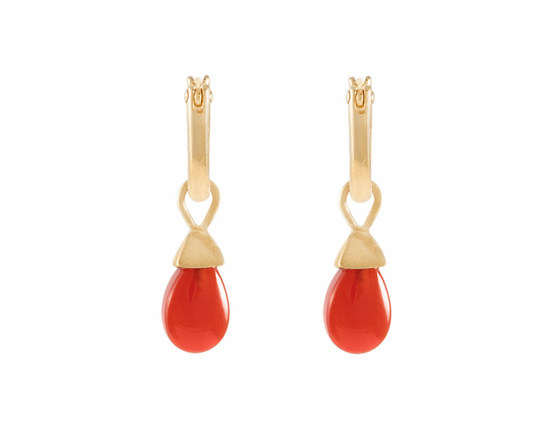 carnelian drops in 18k yellow gold on hoops.