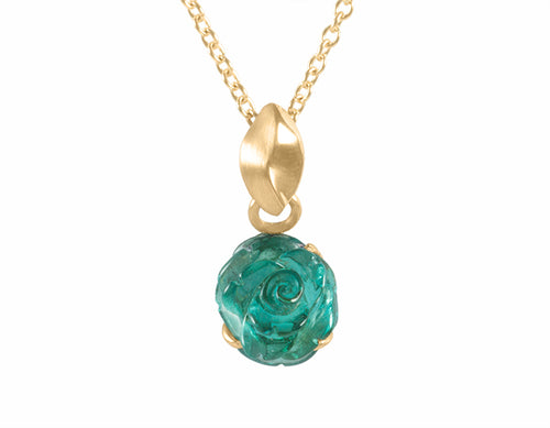 Carved indicolite tourmaline rose as pendant 18k yellow gold.
