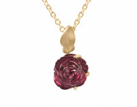 Rhodolite garnet carved rose pendant 18k yellow gold