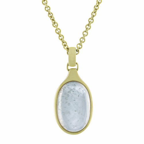 Very large oval light blue aquamarine pendant in green gold with green gold chain.