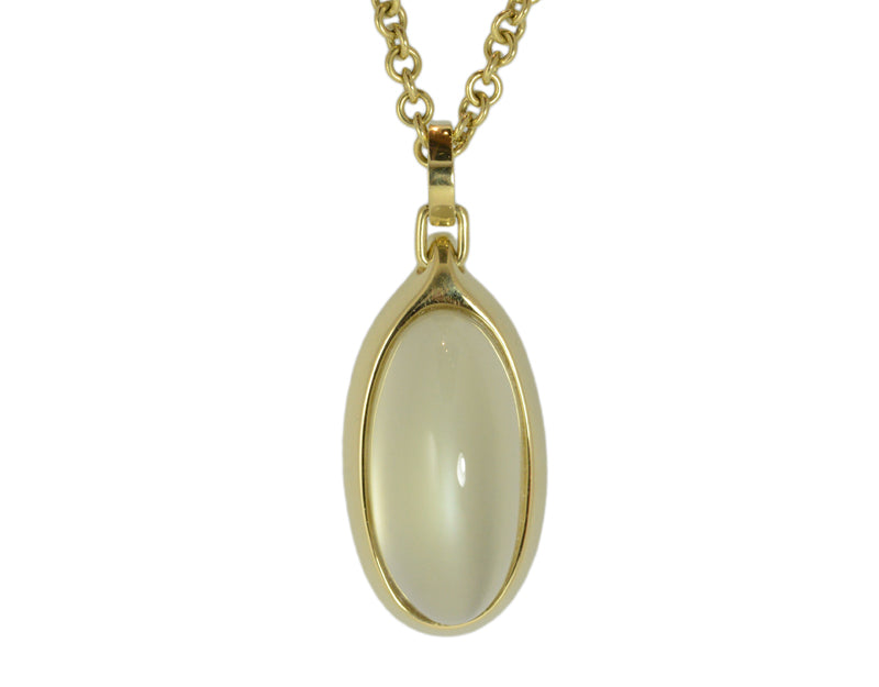 Green gold pendant set with large oval green moonstone and diamond clasp on green gold chain..