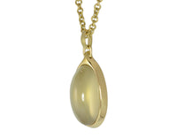 Green gold pendant set with large oval green moonstone and diamond clasp on green gold chain..