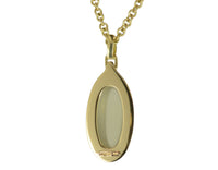 Green gold pendant set with large oval green moonstone and diamond clasp on green gold chain..