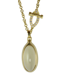 Green gold pendant set with large oval green moonstone and diamond clasp on green gold chain..