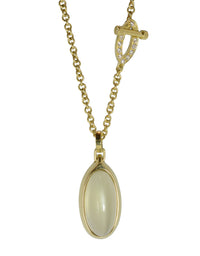 Green gold pendant set with large oval green moonstone and diamond clasp on green gold chain..