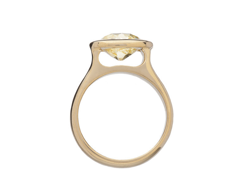 Large yellow diamond in yellow gold ring.