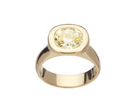Large yellow diamond in yellow gold ring.