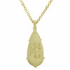 Large white teardrop moonstone pendant in green gold with Pierrot Lunaire engraving, on green gold chain.