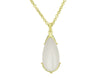 Large white teardrop moonstone pendant in green gold with Pierrot Lunaire engraving, on green gold chain.