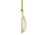 Large white teardrop moonstone pendant in green gold with Pierrot Lunaire engraving, on green gold chain.