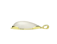 Large white teardrop moonstone pendant in green gold with Pierrot Lunaire engraving, on green gold chain.