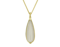 Large white teardrop moonstone pendant in green gold with Pierrot Lunaire engraving, on green gold chain.