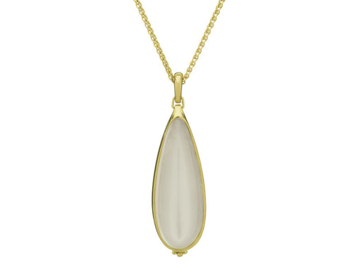 Large white teardrop moonstone pendant in green gold with Pierrot Lunaire engraving, on green gold chain.