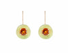 Drop earrings with rose gold wires and green gold bowls. Bright orange faceted gems prong set in each bowl.
