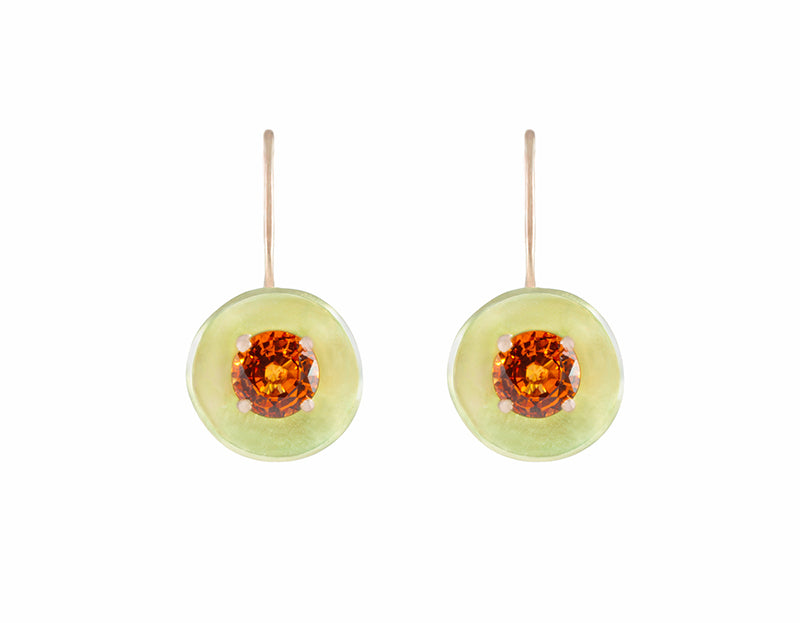 Drop earrings with rose gold wires and green gold bowls. Bright orange faceted gems prong set in each bowl.