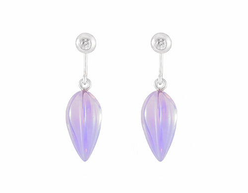 Pale purple carved gems hanging from platinum diamond studs.